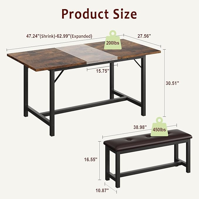 Dining Table Set for 4-6, 63“ Large Extendable Kitchen Table Set, Wood Rectangle Kitchen Table with 2 Soft Benches for Small Space, Apartment, Dinner,Saving Space, Retro Brown