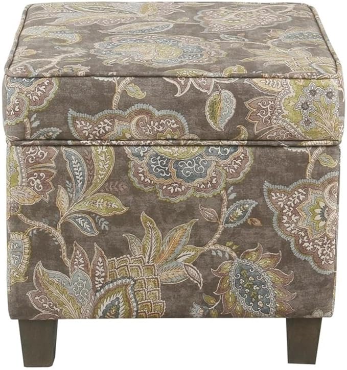 Homepop Home Decor |K7342-A824 | Classic Square Storage Ottoman with Lift Off Lid | Ottoman with Storage for Living Room & Bedroom, Gray Floral