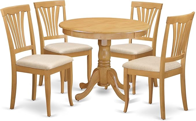 East West Furniture ANAV5-OAK-C 5 Piece Kitchen Table Set for 4 Includes a Round Dining Table with Pedestal and 4 Linen Fabric Dining Room Chairs, 36x36 Inch, Oak