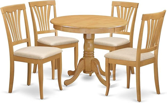 East West Furniture ANAV5-OAK-C 5 Piece Kitchen Table Set for 4 Includes a Round Dining Table with Pedestal and 4 Linen Fabric Dining Room Chairs, 36x36 Inch, Oak