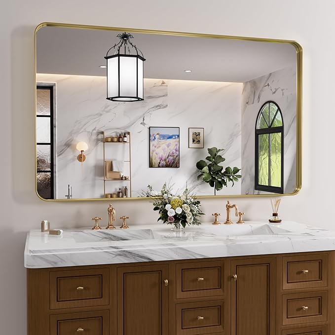 Gold Bathroom Mirror, 50x30 Inch Brushed Gold Metal Frame Mirror for Wall, Rounded Rectangle Bathroom Vanity Mirror, Tempered Glass, Anti-Rust, Horizontal/Vertical
