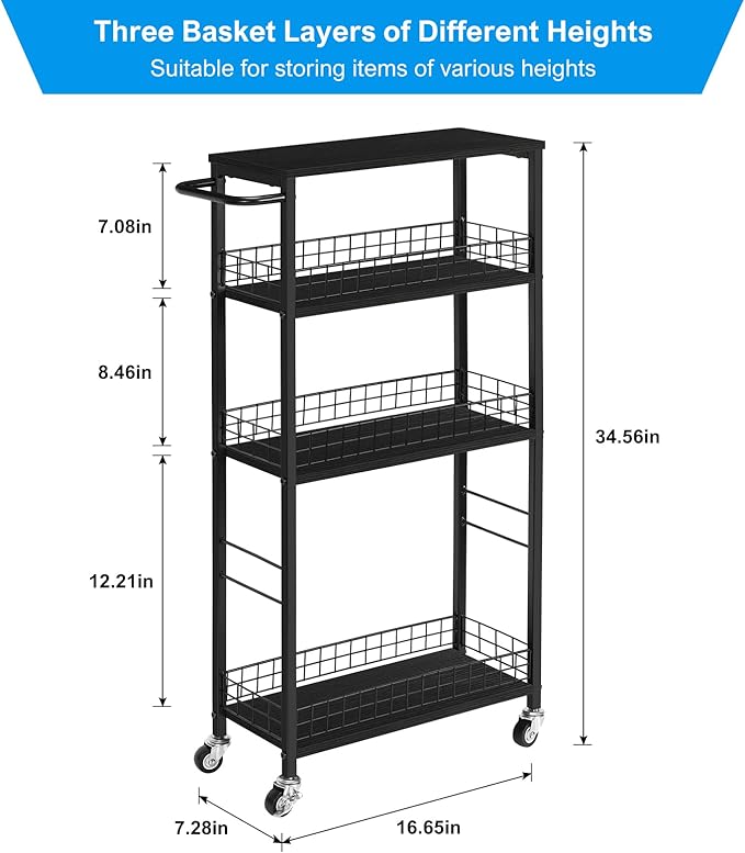 YBING Slim Storage Cart Kitchen Rolling Utility Cart on Wheels 4 Tier Mobile Narrow Cart with Wood and Metal Handle Slide Out Storage Shelving Unit Cart for Kitchen Living Room Small Places Black