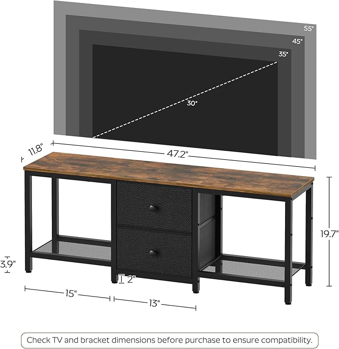 TV Stand for TVs up to 55", Entertainment Center with 2 Fabric Drawer, Media Console with Shelves, Television Stands for Living Room, Bedroom, Rustic Brown and Black DS02BR