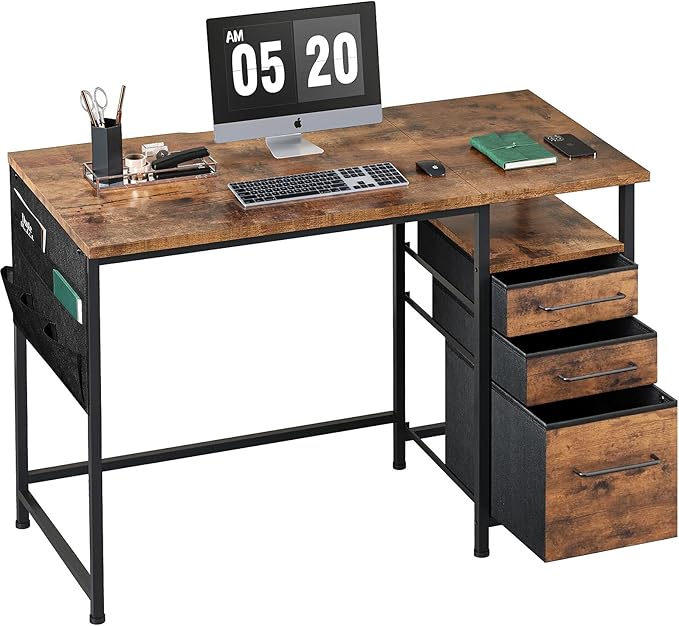 Ｍａｉｈａｉｌ Maihail Small Desk with Drawers, 40 inch Computer Desk with Shelves, Writing Desk with Storage, Small Office Desk with Metal Frame, Rustic Brown2