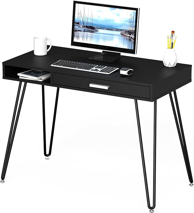 SHW Home Office Computer Hairpin Leg Desk with Drawer, Black