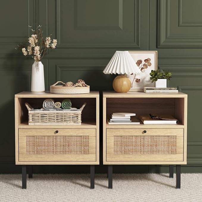 Rattan Nightstands Set of 2, Boho Night Stand with 1 Door, Accent End Table, Wood Bediside Table with Metal Legs&Open Shelf, Natural Wood