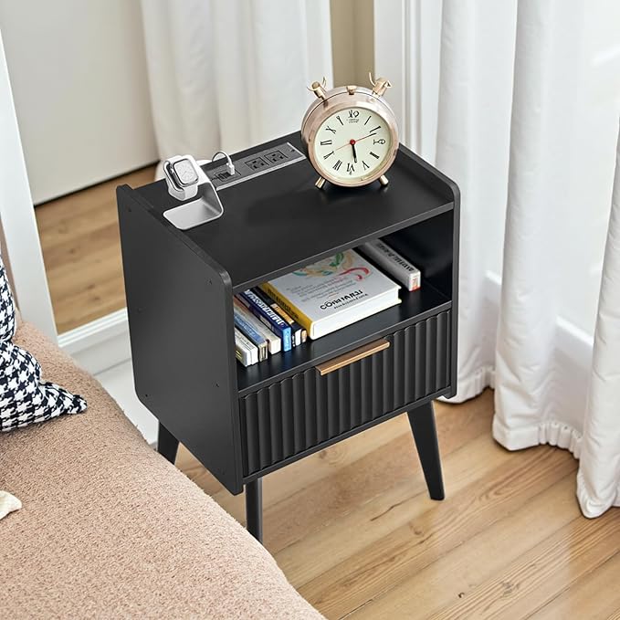 Fluted Nightstand, End Table, Small Modern Bedside Table with Charging Station, Side Table with Drawer, for Small Spaces, Bedroom, Living Room, Black ETBK61E01N1