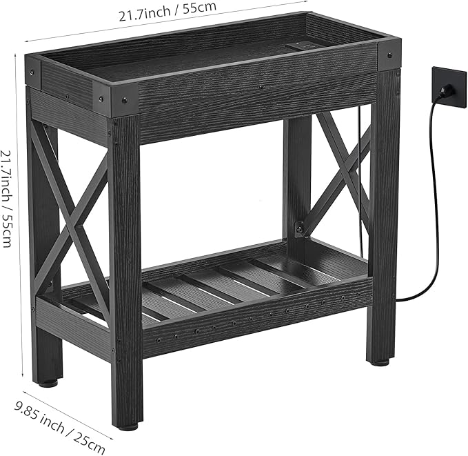 Narrow Side Table, Slim End Table with Charging Station for Small Spaces, with 2 USB and 2 Power Outlets, 21.7" L x 10" W x 21.7" H