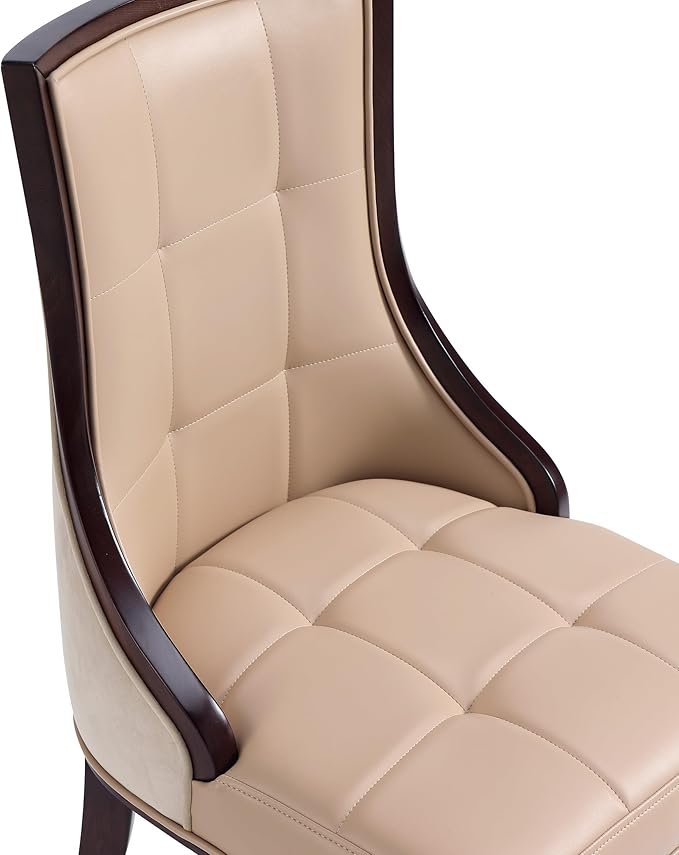 Manhattan Comfort Fifth Avenue Faux Leather Dining Chairs, Parsons Accent Furniture with Padded Wingback Seat, Fine Rectangular Stitching and Solid Beech Wood Frame, Set of 2, Tan