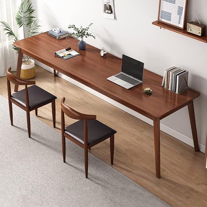 Mid-Century Long Desk Table - 71" Simple Modern Extra Long 2-Person Wood Computer Workstation for Home Office Work in Walnut, 71" W x 20" D