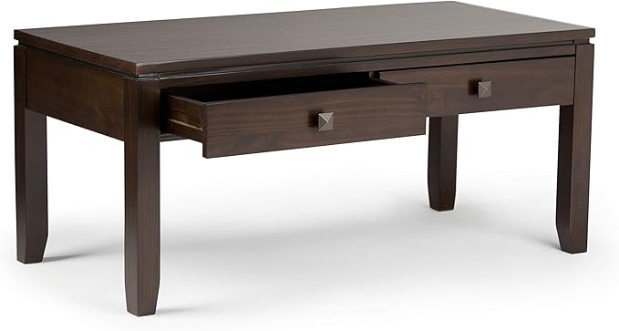 SIMPLIHOME Cosmopolitan Coffee Table - 42 inch Wide Solid Wood Contemporary Rectangle Cocktail Table in Mahogany Brown, Stylish Living Room Table with 2 Drawers and Square Brushed Nickel Knobs