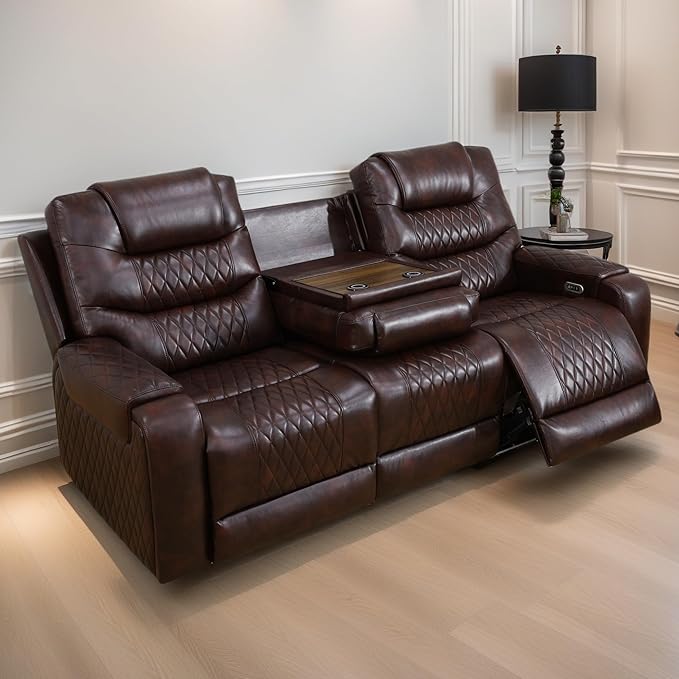 Loveseat Recliner Sofa, Reclining Loveseat Leather Couch with Storage Console, Modern Comfy Home Theater Seating Power Recliner Chair with Cup Holders for Living Room Furniture Sets, Brown