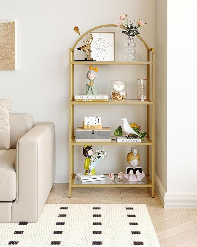 Bookcase Bookshelf, Tempered Glass Bookshelves, Slim Shelving Unit for Bedroom, Bathroom, Home Office, Steel Frame, 4 Tier Gold BC21499G