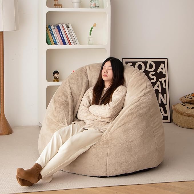 N&V Large Shell Bean Bag Chair, Adult Size Bean Bag Sack, Foam Filling, Includes Removable and Machine Washable Cover, 40in, Soft Faux Fur, Champagne