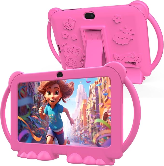 Kids Tablet 7 inch Android 12.0 for Toddler, 4GB RAM 32GB ROM Bluetooth IPS Screen Parental Control Dual Camera Shockproof Case for Educational Games, (1PCS, Rose Red)