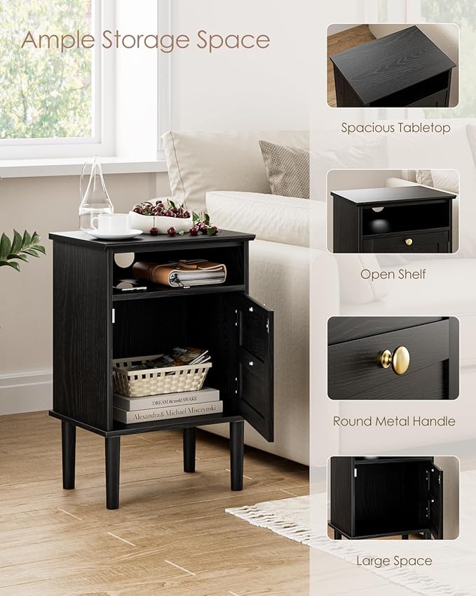 Nightstand, Boho Night Stand with 1 Drawers, Modern Side Accent Table with Open Shelf, Wooden Top Bedside End Table for Bedroom, Living Room, Black