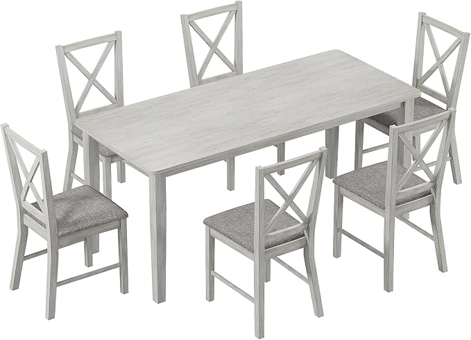 7-Piece Solid Wood Dining Table Set for 6, Modern Breakfast Dinette Kitchen Table with Chairs for Dining Room, Kitchen, Grey