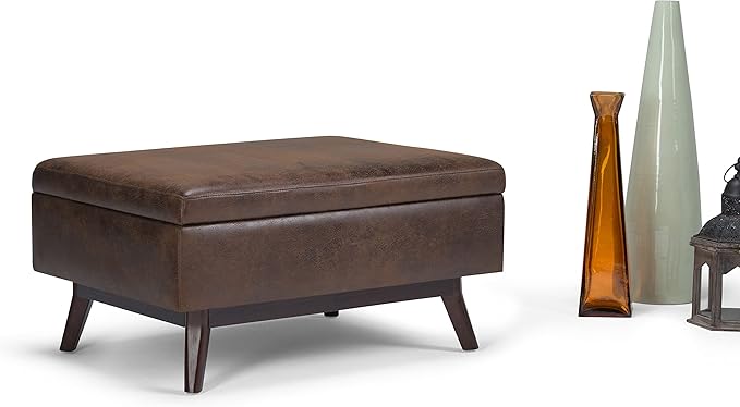 SIMPLIHOME Owen 34 inch Wide Mid Century Modern Rectangle Coffee Table Storage Ottoman in Distressed Chestnut Brown Vegan Faux Leather, Assembled, For the Living Room, Entryway and Family Room