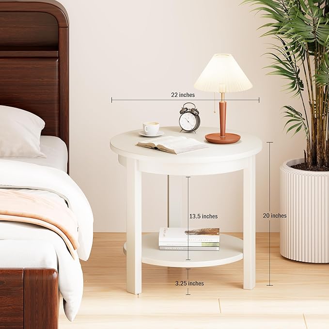 Small Round Wood Coffee Table with Storage Shelf, Living Room Side Table for Couch Sofa, 22 x 20 Inches, 4-Tier Mid Century Modern Wooden End Table for Bedroom, White