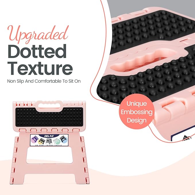 Delxo Folding Step Stool 9 Inch,Non-Slip Foldable Stools Up to 300 LBS,Kitchen Collapsible Fold Up Stepping Stool with Dotted 1 Pack,Pink
