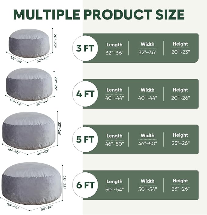 5 Ft Bean Bag Chairs for Adults with Memory Foam Filling, Comfy Bean Bag Sofa with Filler Included, Soft Dutch Velvet Fabric Beanbags,5 Foot, Grey