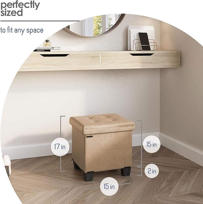 STORAGEBUD Storage Ottoman Cube with Small Bin, 16-in Square Ottoman with Storage for Living Room and Bedroom, Small Ottomans Foot Rest, Faux Leather Foot Stools Ottomans Max 330lbs, Taupe