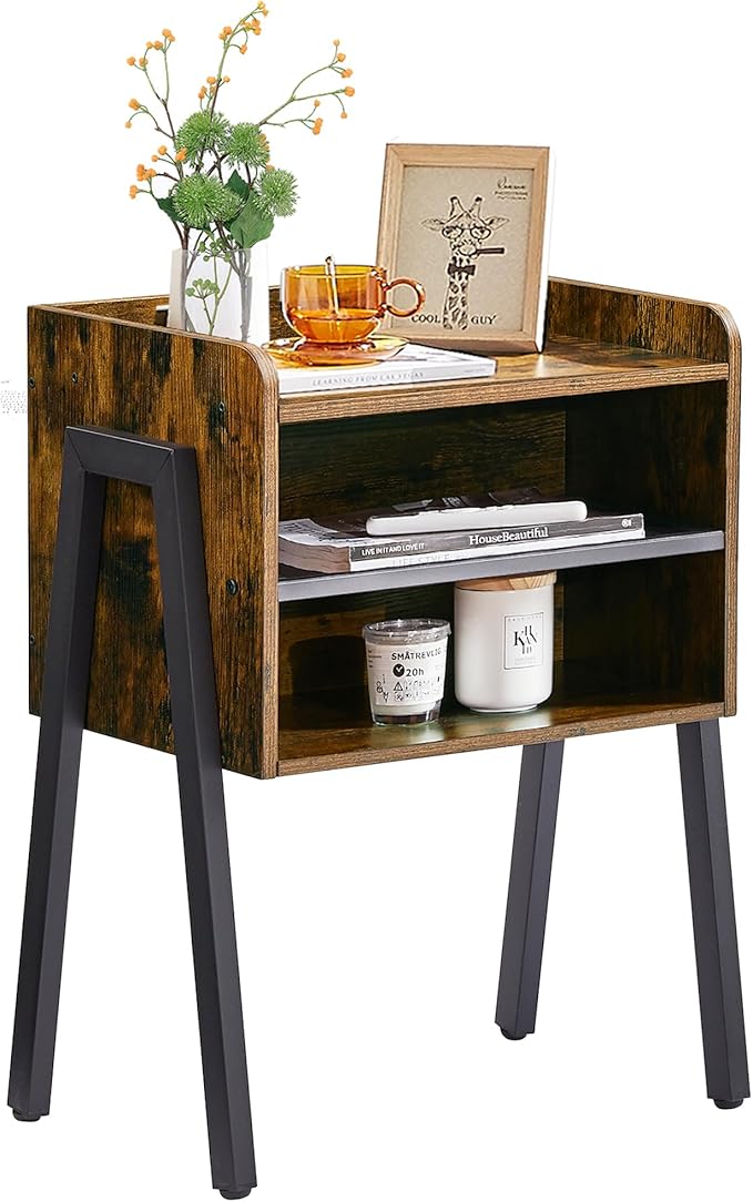 VECELO Nightstand Industrial Side End Table/Stackable Accent Furniture with 2-Tier Open Storage Compartments for Bedroom,and Small Spaces