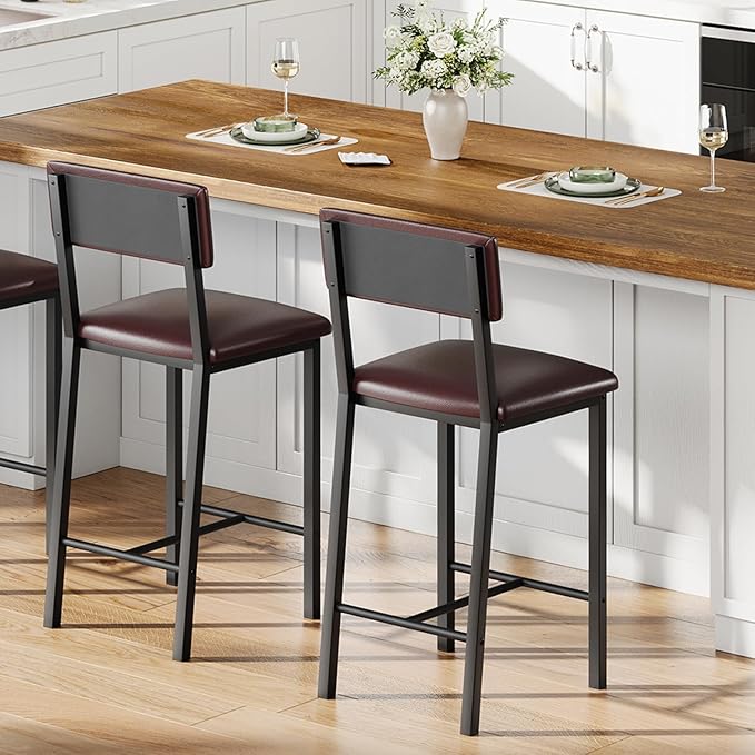 GarveeHome Bar Stools Set of 2, Counter Stools with Back and Thickened Metal Legs, Upholstered PU Leather Counter Height Barstools with Footrest, for Kitchen Island, Bar, Dark Brown