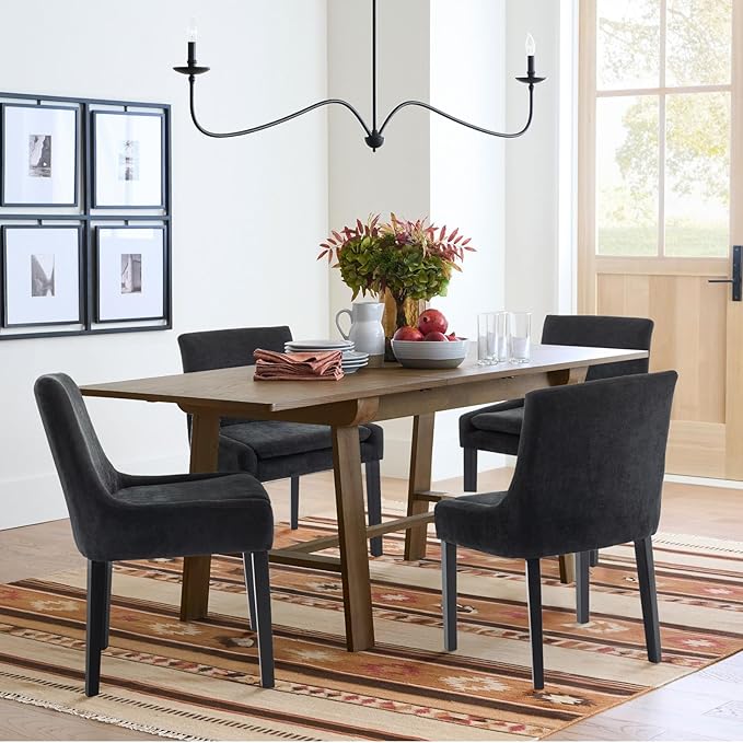 COLAMY Modern Dining Chairs Set of 4, Upholstered Corduroy Accent Side Leisure Chairs with Mid Back and Wood Legs for Living Room/Dining Room-Black