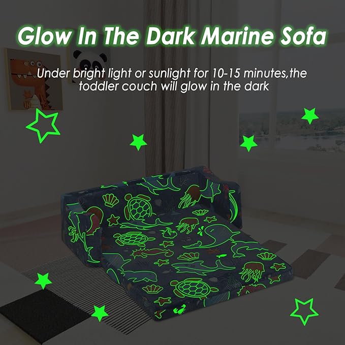 Kids Couch Extra Large,Glow in The Dark 2-in-1 Folding Kids Sofa Bed for Boys,2 Seats Convertible Sleeper Lounger Toddler Couch for Children Bedroom Playroom Nursery,Marine
