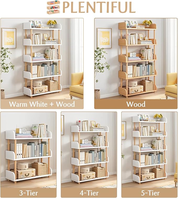4-Tier Wooden Open Bookcase - Modern Display Bookshelf with Side Panels and Solid Wood Frame for Home and Office, Storage Cabinet, Warm White