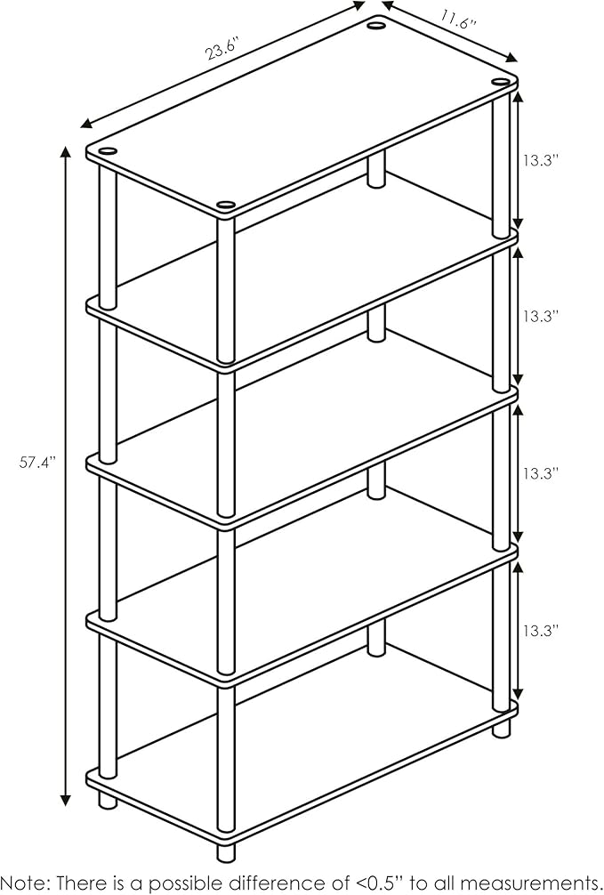 Furinno Turn-N-Tube 5-Tier Multipurpose Shelf / Display Rack / Storage Shelf / Bookshelf, Round Tubes, Walnut/Brown