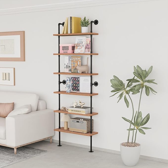 Pipe Industrial Shelves, Wall Mounted Wood Metal Ladder Rustic Bookshelf (Weathered Brown, 6 Tier - 10" D x 30" W x 82.5" H)