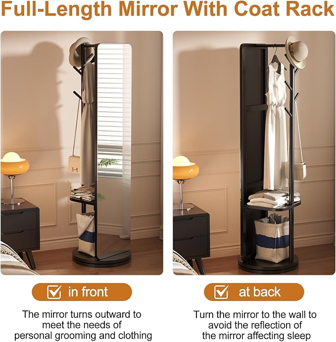 70"x16"Full Length Mirror with Stand,Coat Rack with Mirror,Solid Wood Floor Mirror,Swivel Mirrorfor Bedroom, Living Room, Cloakroom