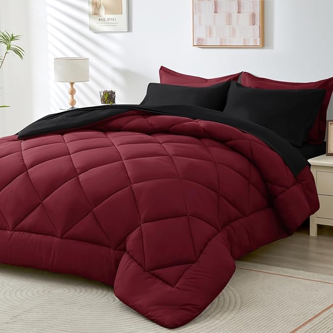 HEVUMYI Red & Black Cali-King Comforter Set - 7-Piece All Season Bed in a Bag Cali-King, Ultra Soft Burgundy Bedding Set with Comforter, Flat Sheet, Fitted Sheet, Pillowcases, Pillow Shams, Burgundy