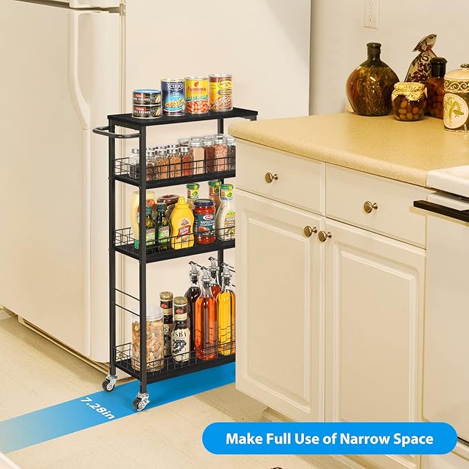 YBING Slim Storage Cart Kitchen Rolling Utility Cart on Wheels 4 Tier Mobile Narrow Cart with Wood and Metal Handle Slide Out Storage Shelving Unit Cart for Kitchen Living Room Small Places Black