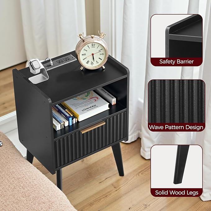 Fluted Nightstand, End Table, Small Modern Bedside Table with Charging Station, Side Table with Drawer, for Small Spaces, Bedroom, Living Room, Black ETBK61E01N1