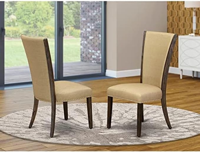 East West Furniture VEP7T03 Verona Parson Dining Chairs - Nailhead Trim Brown Linen Fabric Upholstered Chairs, Set of 2, Jacobean