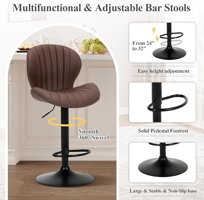 COLAMY Bar Stools Set of 2, Modern Swivel Bar Chairs, Adjustable Faux Leather Upholstered Barstools Counter Height with High Backrest for Bar, Kitchen Island, Dining Room, Brown