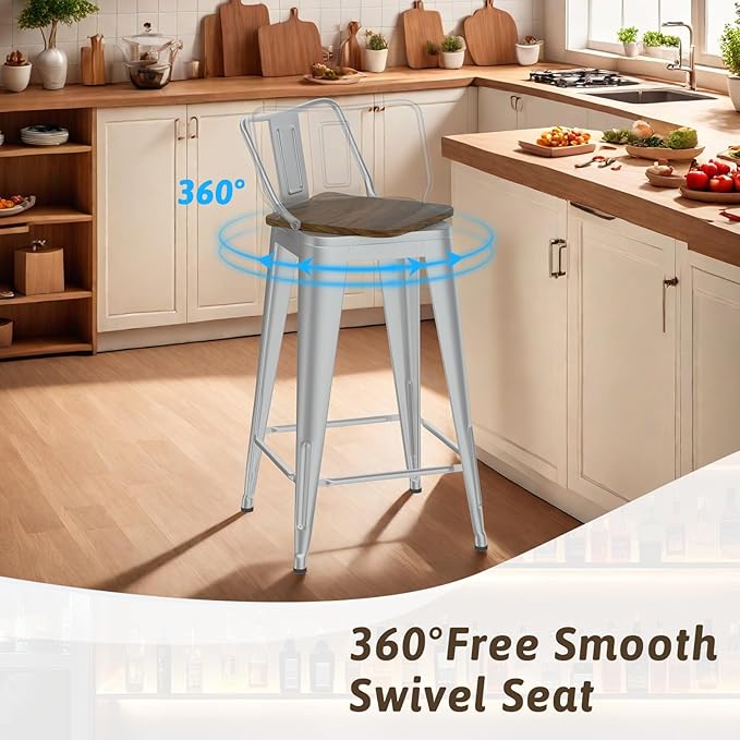 30 Inch Swivel Bar Stools Set of 4, Counter Height Bar Stools with Low Back, Metal Industrial Bar Chairs for Kitchen Island (Silver)