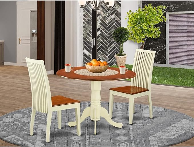 East West Furniture DLIP3-BMK-W 3 Piece Kitchen Table & Chairs Set Contains a Round Dining Room Table with Dropleaf and 2 Dining Chairs, 42x42 Inch, Buttermilk & Cherry
