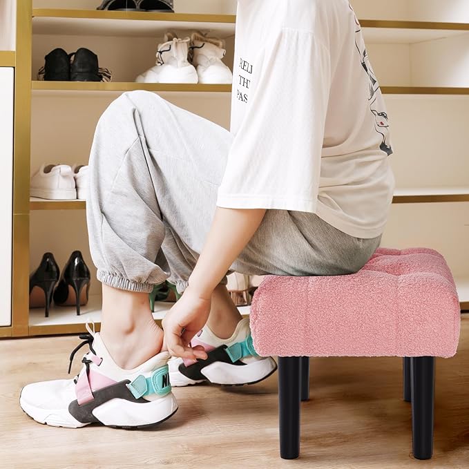 HOUCHICS Fur Padded Foot Stool, Small Ottoman Foot Rest with Wooden Legs,Modern Rectangle Chair Foot Rest Foot Step Stool for Living Room, Couch, Desk(Pink)