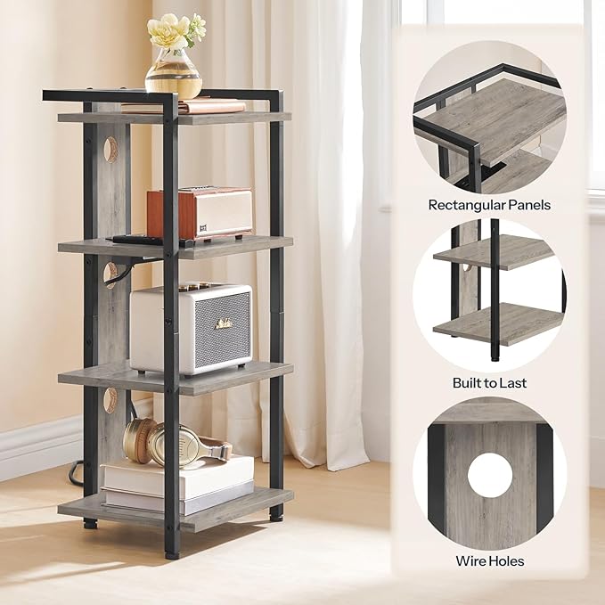 HOOBRO 4-Tier AV Media Stand, Media Console with Charging Station and LED Light, Wooden Stereo Cabinet, Corner TV Stand, Record Player, Entertainment Device Stand, BG38UDCJ01