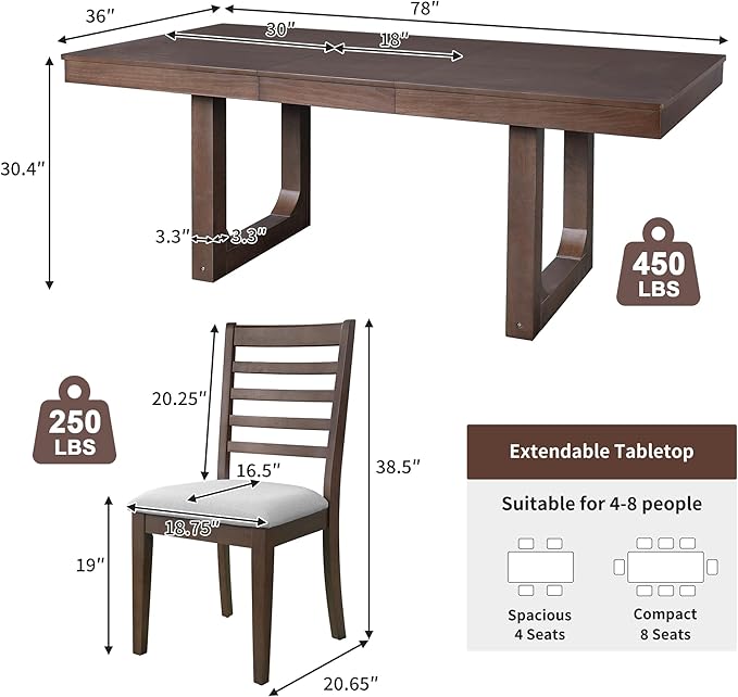 Merax 7 Piece Extendable Wooden Dining Table Set, Farmhouse Extendable with 18" Move Leaf, 78" Rustic and 6 Upholstered Chairs for Kitchen Room, Brown