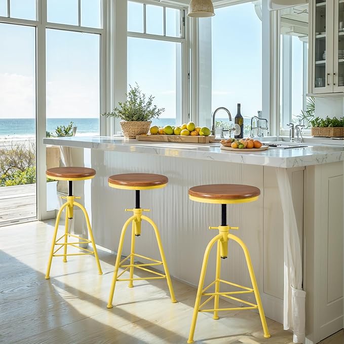 Topower Antique Industrial Design Metal Adjustable Height Bar Stool Kitchen Dining Breakfast Chair Wood Seat Counter Stool Set of 2