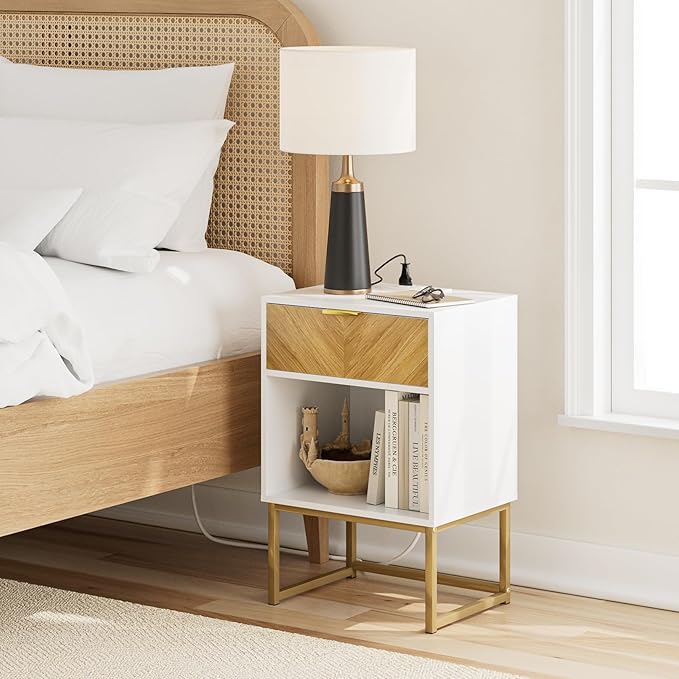 Masupu Extra Large Nightstand with Charging Station,Boho Night Stand Modern Farmhouse Wood Bedside Table with Storage Drawer and Open Shelf,Side End Table for Bedroom,Living Room,Office White