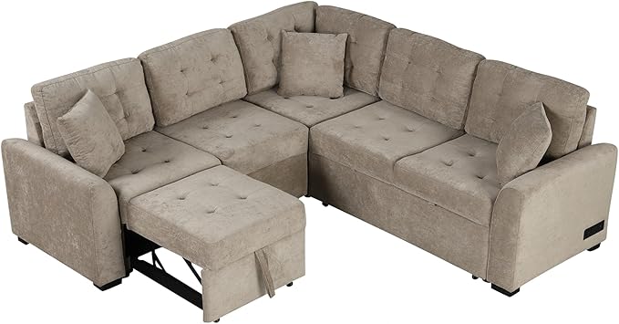 82" Convertible Sleeper Sofa with Pull-Out Bed,L-Shape Chaise Couch W/USB Ports & Power Sockets,Space Saving,Easy Assembly,Modern Corner Reversible Furniture Set for Living Room,Khaki Velvet