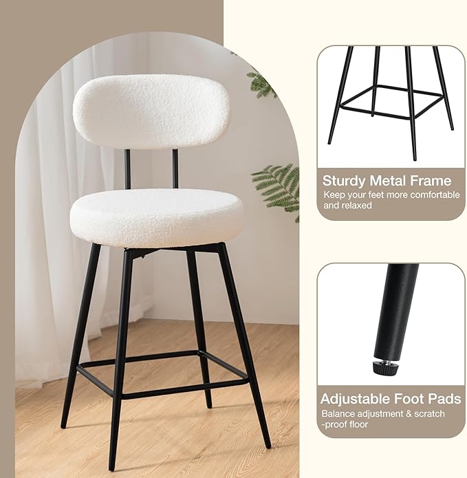HOMMPA Counter Height Swivel Bar Stools Set of 2 Boucle Barstools 26'' Upholstered Modern Counter Barstools with Back Metal Legs Bar Stools Chairs for Kitchen Counter Island White