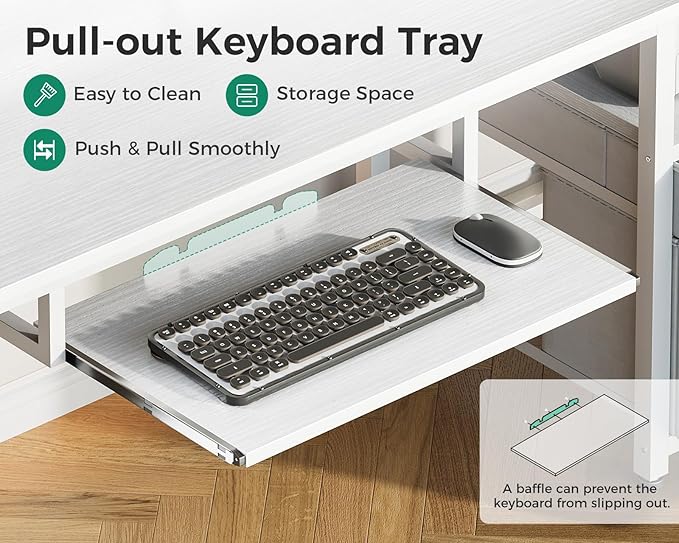 AODK Computer Desk with Drawers and Keyboard Tray, 48" Office Desk with Power Outlet and LED Lights, Reversible Study Work Desk with Printer Shelf and PC Stand for Home Office, White