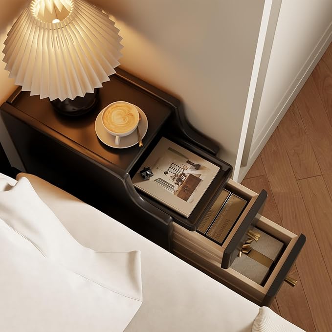 Small Nightstand with Drawers, Solid Wood Bedside Table, Narrow BlackNightstand for Bedroom